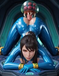 ai_generated ass ass_focus ass_up black_hair bodysuit breasts brown_eyes cosplay crossover erection eve_(stellar_blade) female jack-o_pose latex looking_at_viewer metroid_(creature) monster monster_rape pdbai penetration samus_aran_(cosplay) sex skinsuit stellar_blade tight_clothing uncensored zero_suit_samus_(cosplay)