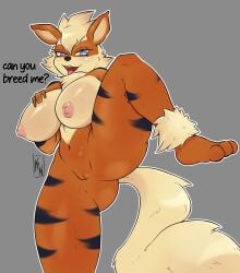 ankle_tuft anthro arcanine areola big_breasts black_nose black_stripes blue_eyes breasts chest_tuft dialogue eyelashes female front_view fur generation_1_pokemon genitals grey_background hand_on_chest hi_res huge_breasts katoneko leg_tuft looking_at_viewer navel nintendo nipples nude on_one_leg open_mouth orange_body orange_fur pink_areola pink_nipples pokemon pokemon_(species) pussy simple_background solo standing stripes talking_to_viewer tan_body tan_fur text thick_thighs tongue tongue_out tuft wide_hips