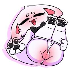 ass blush catgod clothing colored felid female fur genitals han_stone hi_res humanoid looking_at_viewer mammal nude open_mouth pussy sex smile solo stick_figure tail white_body white_fur