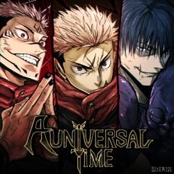 3boys a_universal_time angry artist_name bangs black_hair black_nails blue_eyes buttons creature cursed_spirit domain_expansion evil_grin evil_smile face_markings furrowed_eyebrows grin hand_sign hoodie human itadori_yuuji jujutsu_kaisen logo looking_at_viewer male male_only multi_eye muscular muscular_male pink_hair red_background red_eyes ryoumen_sukuna_(jujutsu_kaisen) scar scar_on_face scars sfw sixer smile spiked_hair toji_fushiguro trio watermark worm