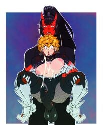armored_boots armored_female beauty_mark black_hair blonde_hair body_markings bodysuit cameltoe cum cum_on_body cum_on_breasts cum_on_face cumshot dieselbog earrings female futa_on_female futanari held_up horned_humanoid horns huge_cock large_areolae large_balls large_breasts lifted_by_another lipstick mole_under_mouth muscular_female necklace original_character ponytail red_skin ripping_clothing short_hair size_difference surprised torn_bodysuit