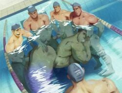 6boys absolutbleu bara bara_ass big_ass big_ass_(male) big_penis bottomless_male gay male/male/male/male/male/male mermaid mermaid_tail merman oral oral_penetration oral_sex sucking_dick swimmer swimmers swimming swimming_pool