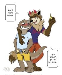 anthro balls blush bottomwear brown_body chastity_device chastity_key clothed clothing dialogue digital_media_(artwork) duo english_text feet felix_(nik159) fur genitals hi_res holding_key holding_object horn key keyholding male male/male mammal mustelid nik_(nik159) nikraccoom open_bottomwear open_clothing open_mouth open_shorts otter pants procyonid raccoon shirt shorts simple_background smile speech_bubble standing tail teeth text toes topwear