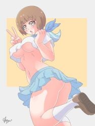 breasts brown_eyes brown_hair chrissursilversoul female kill_la_kill leg_up mankanshoku_mako midriff no_bra no_panties peace_sign school_uniform simple_background underboob