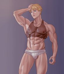 1boy blonde_hair blue_eyes clothed color colored dominant eyes focus gay gay_male hair male male_focus male_only muscles muscular muscular_arms muscular_male original original_character penis_in_clothes ryukham yaoi yellow_hair