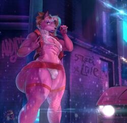 ambar_(zorro_re) anthro ass balls_outline big_butt bulge canid canine car clothed clothing crop_top cropped_jacket crossdressing detailed_background detailed_bulge eyeshadow femboy fishnet_clothing fishnet_legwear fishnet_thigh_highs fox genital_outline genitals gesture hand_gesture hi_res huge_butt legwear lips lipstick makeup male male_only mammal muscular nipples open_mouth outside penis penis_outline prostitution purple_eyeshadow purple_lipstick shirt skimpy small_penis solo standing street thick_bottom_lip thick_thighs thigh_highs thong topwear underwear v_sign vehicle zorro_re