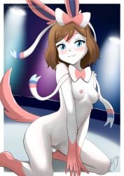accessory aged_up alternate_species anthro bow_ribbon breasts brown_hair eeveelution female fur furrification generation_6_pokemon genitals hair hair_accessory hair_ribbon hairbow hi_res kneeling looking_at_viewer nintendo nipples pink_body pink_fur pokemon pokemon_(species) pussy ribbons serena_(pokemon) small_breasts solo sylveon tail themysteriousdee white_body white_fur