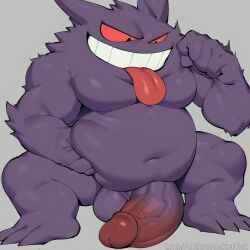 ai_generated balls chubby evil_grin gengar grabbing_stomach huge_balls huge_cock hyper_penis inside_stomach male penis pokemon pokemon_(species) pokephilia size_theft tongue tongue_out vore vore_belly