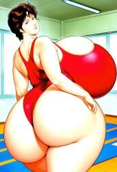 1girls ai_generated arms_at_sides ass_bigger_than_head ass_focus bare_arms big_ass big_booty big_breasts big_butt brown_eyes brown_hair busty chubby city_hunter fat_ass fat_booty fat_butt female female gigantic_breasts gym_background happymouse huge_ass huge_breasts huge_butt indoors jiggle jiggle_butt jiggle_physics jiggling_ass kaori_makimura leotard looking_at_viewer looking_back mature_female milf plump red_leotard retro_artstyle short_hair smile solo stable_diffusion standing thicc walking yoga yoga_mat