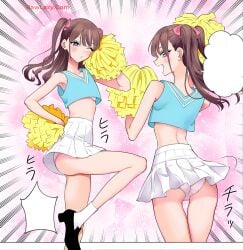 2.5_jigen_no_ririsa armpits ass ass_visible_through_thighs back back_view bare_arms bare_belly bare_legs bare_shoulders bare_thighs blush brown_eyes brown_hair cheering cheerleader_uniform cosplay hashimoto_yuu long_hair long_legs manga midriff official_art one_eye_closed panties pantyshot parted_lips pink_panties shoes skirt sleeveless_shirt socks tachibana_mikari thighs twintails underwear white_socks wink