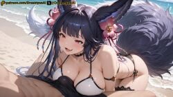 2025 ai ai_assisted ai_generated animal_ears anime anime_style artist_name beach big_tail bikini bikini_bottom bikini_top black_fur black_hair breasts dreamyan_ai erune erune_race_(granblue_fantasy) fluffy_ears fluffy_tail granblue_fantasy hi_res high_quality high_resolution highres huge_tail long_ears long_hair long_tail open_mouth patreon penis_bulge pink_eyes red_eyes smile smiling tail thick_ass thick_thighs thighs uncensored white_body white_skin yuel_(granblue_fantasy)