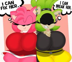 2girls 3barts amy_rose big_breasts breasts cleavage female piercings simple_background sonic_(series) sonic_the_hedgehog_(series) surge_the_tenrec text thinking wide_hips