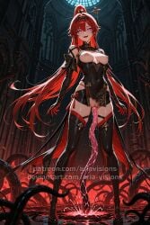 ai_assisted ariavisions black_hairband breasts_out full_body high_ponytail laughing long_hair pointy_ears purple_eyes red_hair standing tentacle_penetration torn_clothes wuthering_waves wuwa yinlin_(wuthering_waves)
