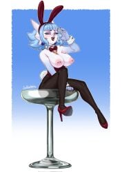 1girls 2025 anthro areolae black_lips blue_hair breasts breasts_out bunny_ears bunny_tail bunnysuit detached_collar earrings eliza_(jollysart) female female_only freckles gardevoir generation_3_pokemon heels hi_res jollysart looking_at_viewer neck_ribbon nintendo nipple_piercing nipples open_mouth pantyhose pokemon pokemon_(species) pokemorph shiny_gardevoir shiny_pokemon sitting smiling smiling_at_viewer solo wink winking_at_viewer wrist_cuffs