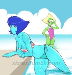 2girls alien alien_girl alien_humanoid animated areolae beach blue_hair blue_skin breasts cartoon_network female female_only gem_(species) green_skin izra lapis_lazuli_(steven_universe) multiple_girls nipples nude peridot_(steven_universe) pussy steven_universe sunglasses swimsuit yellow_hair