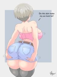 ass_focus big_breasts breasts_bigger_than_head chrissursilversoul crop_top denim denim_skirt english_text fat_ass fondling_ass groping_own_ass huge_breasts simple_background talking_to_viewer thick_ass thighs_overhang tthick_thighs uzaki-chan_wa_asobitai! uzaki_hana white_hair wobbling_ass wobbling_breasts