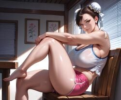 1girls ai_generated barefoot capcom chun-li cosplay dolphin_shorts double_bun fatal_fury female female_focus female_only hair_bun looking_at_viewer mai_shiranui_(cosplay) pink_shorts raydavid134331 solo street_fighter street_fighter_6 thighs white_tank_top