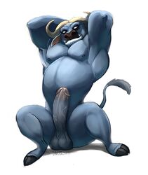 2017 balls bovine buffalo cape_buffalo chief_bogo disney erection hands_behind_head hi_res hooves humanoid_penis looking_away male male_only mammal musclegut nude penis pinup pose precum sayuncle simple_background solo vein white_background zootopia