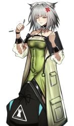 1other anger_vein angry animal_ear_fluff animal_ears arknights bare_shoulders black_jacket breasts broken cigaros clenched_teeth clipboard closed_eyes clothes_writing collarbone commentary_request covered_navel doctor_(arknights) female halterneck holding holding_clipboard hood hood_up hooded_jacket jacket kal'tsit_(arknights) long_sleeves medium_breasts off_shoulder partial_commentary pen see-through_clothes see-through_sleeves short_hair simple_background smelling standing sweatdrop teeth white_background white_hair