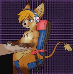 animal_genitalia anthro balls big_ears blue_eyes canid canine computer_mouse desk ear_tuft electronics fully_sheathed furniture gaming_chair genitals headphones hybrid male mammal nude sheath sitting solo table tail tail_tuft tongue tongue_out tuft zephyrpanthur