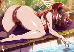 1girls all_fours anus_peek ass bikini blue_eyes cap detailed_background female female_only hairy_anus hairy_pussy league_of_legends long_hair looking_at_viewer miss_fortune poolside pubic_hair red_bikini red_hair red_pubic_hair riot_games smiling smiling_at_viewer solo sunglasses_on_head thick_ass thick_thighs turtlechan very_high_resolution wet_body