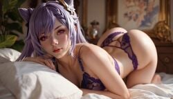 3d adorable ai_generated ass ass_up bed cute cute_face genshin_impact hair_ornament keqing_(genshin_impact) mirakuru perfect_ass perfect_body purple_eyes purple_hair purple_lingerie realistic