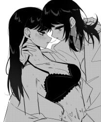 2girls bang_dream! bang_dream!_it's_mygo!!!!! bite_mark bite_mark_on_breast blush bra commentary female fingering greyscale hashtag-only_commentary heart hickey highres long_hair looking_at_another monochrome multiple_girls open_clothes open_shirt saliva saliva_trail shiina_taki sweat underwear yahata_umiri yuri zikiki1092
