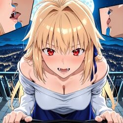 ai_generated arcueid_brunestud blonde_hair castle_rooftop city_lights detailed_background embrace fang_graze fangs female full_moon hair_ribbon hands_on_chest kissing lips_on_lips long_hair long_skirt male male_pov moonlight night passionate_expression pov_male_view red_eyes slipping_sweater starry_sky stone_tiles tsukihime type-moon white_sweater