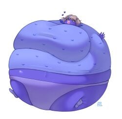 1girls blowing_bubblegum blue_hair blue_skin blueberry_inflation bubble_gum female grey_hair gum hyper immobile inflation long_sleeves multicolored_hair navel panties shirt sile2011 spherical_inflation sunken_head sunken_limbs tagme
