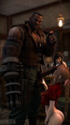 aerith_gainsborough barret_wallace blowjob clothed dark-skinned_male dovasfm final_fantasy final_fantasy_vii final_fantasy_vii_remake hairy_male imminent_sex licking_penis massive_penis pubes tifa_lockhart