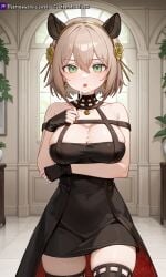 1girl ai ai_generated black_dress black_outfit breast breasts brown_hair cleavage cum_on_breasts cum_on_mouth female girl gothmaniac green_eyes medium_hair nimi_nightmare virtual_youtuber vtuber yor_briar_(cosplay)