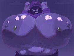 adawndraws areolae beanie big_breasts breasts breasts_bigger_than_head hands_behind_head loda nipple_piercing nipples no_pupils purple purple_background purple_skin steam sweat