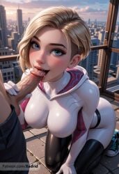 1boy ai_generated artist_name asymmetrical_hair blonde_hair blue_eyes bodysuit breasts building city erection eyebrow_piercing fellatio female gwen gwen_stacy gwen_stacy_(spider-verse) hood hood_down hooded_bodysuit impossible_clothes kneeling large_breasts lips looking_at_viewer marvel marvel_comics nose oral outdoors patreon_username penis piercing saliva short_hair skin_tight solo_focus spider-gwen spider-man spider-man:_across_the_spider-verse spider-man:_into_the_spider-verse spider-man_(series) spider-verse spider_web_print stacy straight uncensored undercut web_address white_bodysuit xadrid