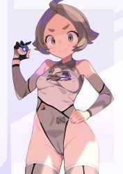 1girls adapted_costume ahoge ass_visible_through_thighs bare_hips bare_shoulders blush breasts cameltoe cleft_of_venus covered_navel covered_nipples cowboy_shot creatures_(company) cute detached_sleeves elbow_gloves embarrassed erect_nipples erect_nipples_under_clothes eye_contact female female_only game_freak great_ball grey_eyes grey_hair grey_legwear groin gym_trainer_(circhester_stadium) gym_trainer_(circhester_stadium)_(sword) gym_trainer_(pokemon) hairclip hand_on_hip hi_res high_resolution highleg highleg_leotard highres holding holding_object holding_poke_ball hourglass_figure legwear leotard light-skinned_female light_skin looking_at_viewer medium_breasts nintendo nipple_bulge nipples no_bra no_panties off_shoulder pale-skinned_female pale_skin partially_visible_vulva poke_ball pokeball pokemon pokemon_(game) pokemon_ss pokemon_swsh pokemon_trainer short_hair simple_background single_glove smile solo solo_female spring2013 stockings thighhighs thong_leotard tight_clothing wide_eyed wide_hips