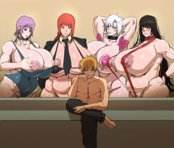 1boy 4girls breasts captainexcelsior chainsaw_man chubby chubby_female death_devil denji_(chainsaw_man) fami_(chainsaw_man) female gigantic_breasts harem huge_breasts human imminent_sex makima_(chainsaw_man) male meme meme_reference piper_perri_surrounded sling_bikini voluptuous yoru_(chainsaw_man)