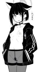 animal_ears blue_archive blunt_ends blush bob_cut breasts choker collarbone commentary_request cowboy_shot female female_pubic_hair greyscale groin hair_ornament hairclip halo hands_in_pockets highres hood hood_down hooded_jacket jacket kazusa_(blue_archive) long_sleeves looking_at_viewer makigirisu medium_breasts monochrome navel nipples open_clothes open_jacket open_mouth pantyhose pubic_hair pussy see-through_clothes see-through_legwear short_hair simple_background solo split_mouth standing sweatdrop thigh_gap translated white_background