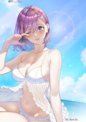 2.5_jigen_no_ririsa amano_ririsa armpit_crease bare_arms bare_belly bare_legs bare_shoulders bare_thighs beach belly_button big_breasts bikini blue_eyes blush breasts cleavage collarbone crying hashimoto_yuu manga official_art one_eye_closed outdoors parted_lips purple_hair short_hair sideboob tears thighs white_bikini wiping_tears