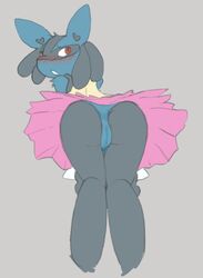 ass blush clothing digital_media_(artwork) female finegan fur heart kneeling lucario nintendo panties pokemon pokemon_(species) presenting pussy red_eyes simple_background skirt solo underwear upskirt video_games