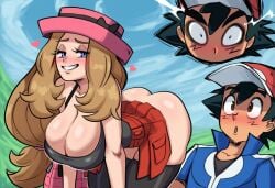 1boy 1boy1girl ai_generated ass big_ass bulging_eyes day female huge_ass male mullon no_panties novelai outdoors pokemon pokemon_xy satoshi_(pokemon) seductive seductive_smile serena_(pokemon) skirt thick_thighs