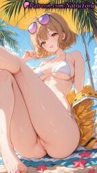 1girls 2025 ahoge ai_generated anis_(nikke) anis_(sparkling_summer)_(nikke) ass bangs bare_shoulders barefoot beach_umbrella bikini breasts brown_hair cleft_of_venus eyewear_on_head feet female female_only goddess_of_victory:_nikke hi_res highres jacket large_breasts lips looking_at_viewer natsuyoru off_shoulder official_alternate_costume orange_jacket outdoors patreon pussy short_hair sitting smile solo sunglasses swimsuit thighs toes tongue tongue_out umbrella uncensored vagina voluptuous voluptuous_female wet white_bikini yellow_jacket