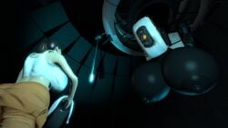 3d_(artwork) big_breasts breasts chell clothed clothed_female clothing digital_media_(artwork) duo female fully_clothed fully_clothed_female furrypornenjoyer glados hi_res holding_object holding_weapon huge_breasts human machine mammal not_furry portal_(series) robot source_filmmaker_(artwork) valve weapon