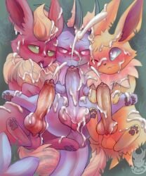 animal_genitalia animal_penis aroused baile balls blue_body blush bodily_fluids canid canine canine_genitalia canine_penis canis cum cum_on_body cum_on_face cum_on_feet cum_on_fur cum_on_knot cum_on_leg cum_on_paw cum_on_pawpads cum_on_penis cum_on_tongue digital_drawing_(artwork) digital_media_(artwork) eeveelution ejaculation erection feet feral flareon fur generation_1_pokemon genital_fluids genitals group heart_eyes heart_symbol hi_res jolteon knot licking_cum looking_aroused looking_at_viewer looking_worried lying male male/male mammal nintendo on_back one_eye_closed open_mouth open_smile orange_body pawpads paws penis pokemon pokemon_(species) precum presenting presenting_penis simple_background smile tail teeth tongue trio vaporeon yellow_body