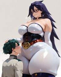 1boy 1girls 2d ai_generated ass big_breasts black_hair blush boku_no_hero_academia breasts curvy female femdom gigantic_thighs green_eyes hips huge_thighs imminent_sex light-skinned_female light-skinned_male long_hair makeup male malesub midnight_(my_hero_academia) my_hero_academia nemuri_kayama older_female_and_younger_male school_uniform short_hair suit tagme teacher_and_student thick_waifus thighs tight_clothing wide_hips