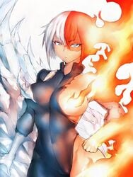 1girls big_breasts bodysuit breasts convenient_censoring female female_human female_only female_todoroki fumio_(rsqkr) hand_on_hips hero_outfit_(mha) human large_breasts light-skinned_female looking_at_viewer my_hero_academia parted_lips rule_63 shouto_todoroki slim_waist solo superhero_costume superheroine torn_clothes voluptuous wide_hips