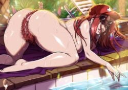 1girls all_fours anus ass blue_eyes cap detailed_background female female_only hairy_anus hairy_pussy league_of_legends long_hair looking_at_viewer miss_fortune nude nude_female poolside pubic_hair pussy red_hair red_pubic_hair riot_games smiling smiling_at_viewer solo sunglasses_on_head thick_ass thick_thighs turtlechan very_high_resolution wet_body