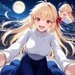 ai_generated arcueid_brunestud arms_outstretched blonde_hair breeze castle_rooftop city_lights dancing detailed_background fangs female full_moon hair_ribbon hair_swaying laughing long_hair long_skirt male_pov moonlight night playful_expression pov_male_view red_eyes smiling starry_sky stone_tiles tsukihime type-moon white_sweater