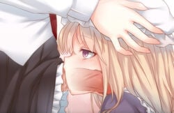 2girls bangs black_skirt blonde_hair blush cum cum_in_mouth cum_inside deepthroat erection eyebrows_visible_through_hair fellatio female from_side futa_on_female futanari half-closed_eye hand_on_another's_head hand_on_head hat head_grab intersex irrumatio long_hair long_sleeves maribel_hearn mob_cap multiple_girls oral overflow penis profile purple_eyes renko_usami skirt tori_(minamopa) touhou white_hat x-ray