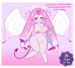 1girls 2025 angel angel_wings artist_logo artist_name ass astralbtlm big_ass big_breasts breasts completely_nude completely_nude_female cookie_run cookie_run_kingdom demon_tail dialogue english english_dialogue english_text eternal_sugar_cookie female female_focus female_only half_angel half_demon halo harp heart heart heart_symbol hearts_around_head nude nude_female pink-skinned_female pink_body pink_hair pink_hair_female pink_skin solo solo_female solo_focus talking_to_viewer text thick_thighs thighs
