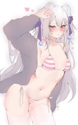 1girl acedia_(acedia09) animal_ears arm_up armpit bear bear_ears bear_girl big_breasts breasts female fuufie indie_virtual_youtuber polar_bear solo squishy_thighs swimsuit thigh_highs vtuber white_hair
