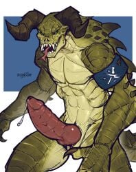 abs bodily_fluids claws deaddragonp deathclaw digital_drawing_(artwork) digital_media_(artwork) erection fallout finger_claws forked_tongue genital_fluids hi_res horn knot male male_only microsoft muscular muscular_male precum scalie solo teeth tongue